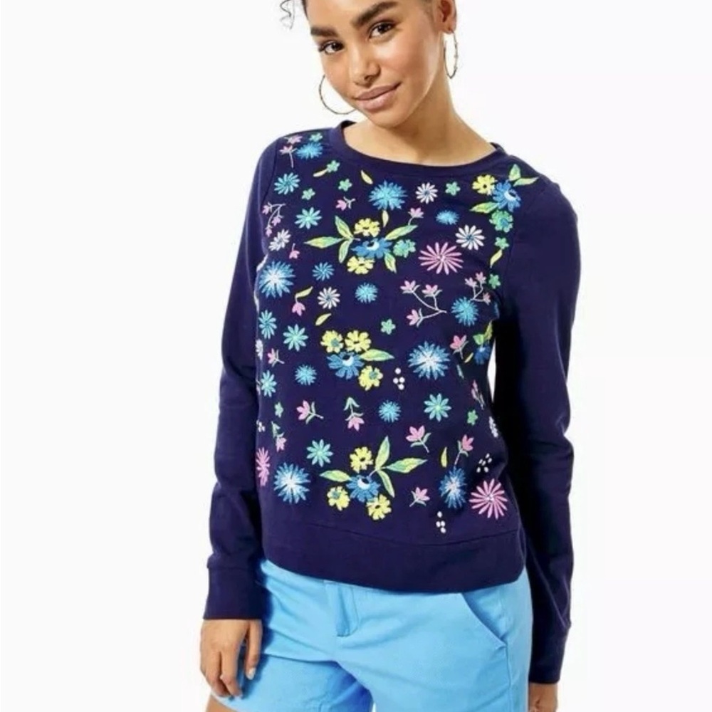 Lilly Pulitzer Rami Navy Sweatshirt with Floral Embroidery NWT - Picture 3 of 8